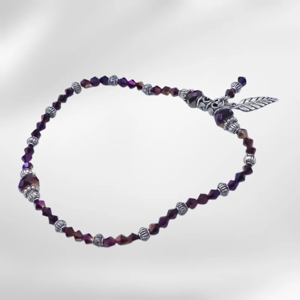 Purple Faceted Bead Stretch Bracelet with Silver-Tone Leaf Charm